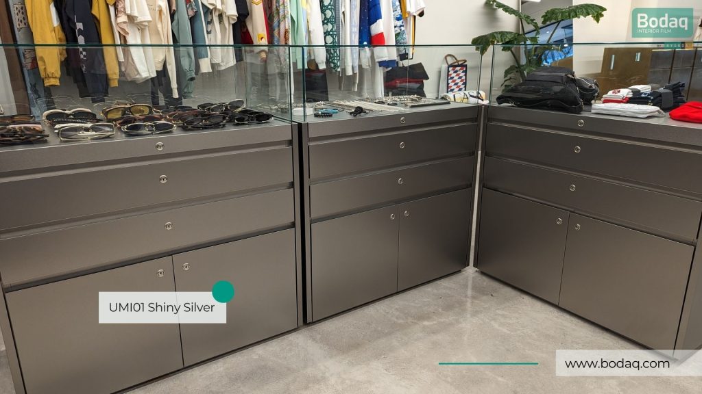 Bodaq Interior Film Longevity: Revisiting Commercial Projects 15 Display Cabinets Refinished with UMI01 Shiny Silver