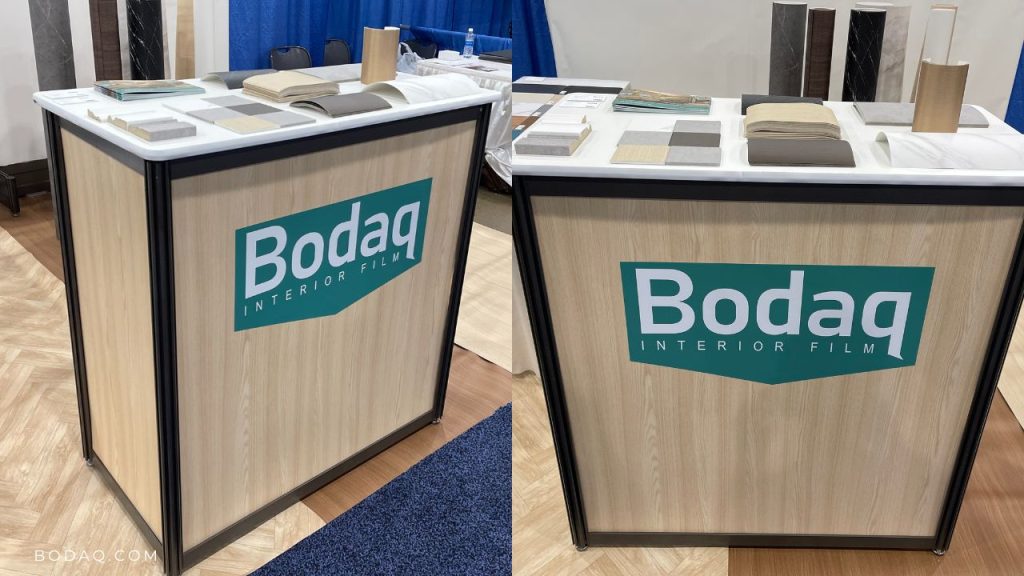 Bodaq at 2022 FastSigns International Convention in Dallas 5 Installation demo: reception desk wrapped with Bodaq Interior Film