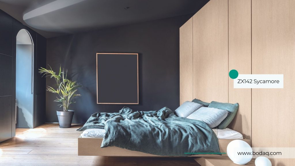 Wall Paneling Design Ideas: From Bedroom to Basement 6 Wall paneling design ideas: Architectural film ZX142 Sycamore pattern applied to the wall paneling in the bedroom