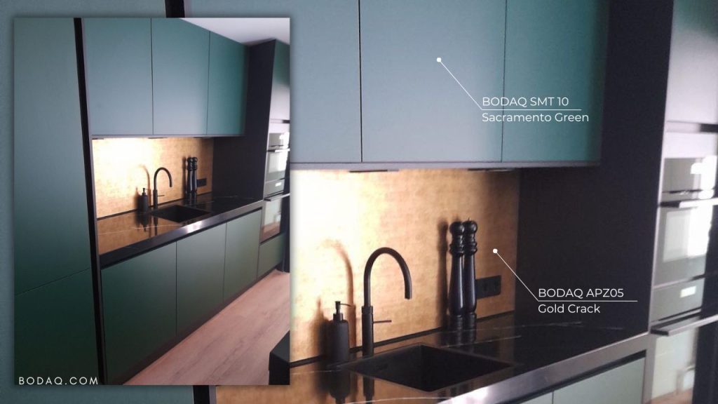 Kitchen Trends for 2024 6 SMT10 Sacramento Green kitchen cabinets and APZ05 Golden Crack backsplash